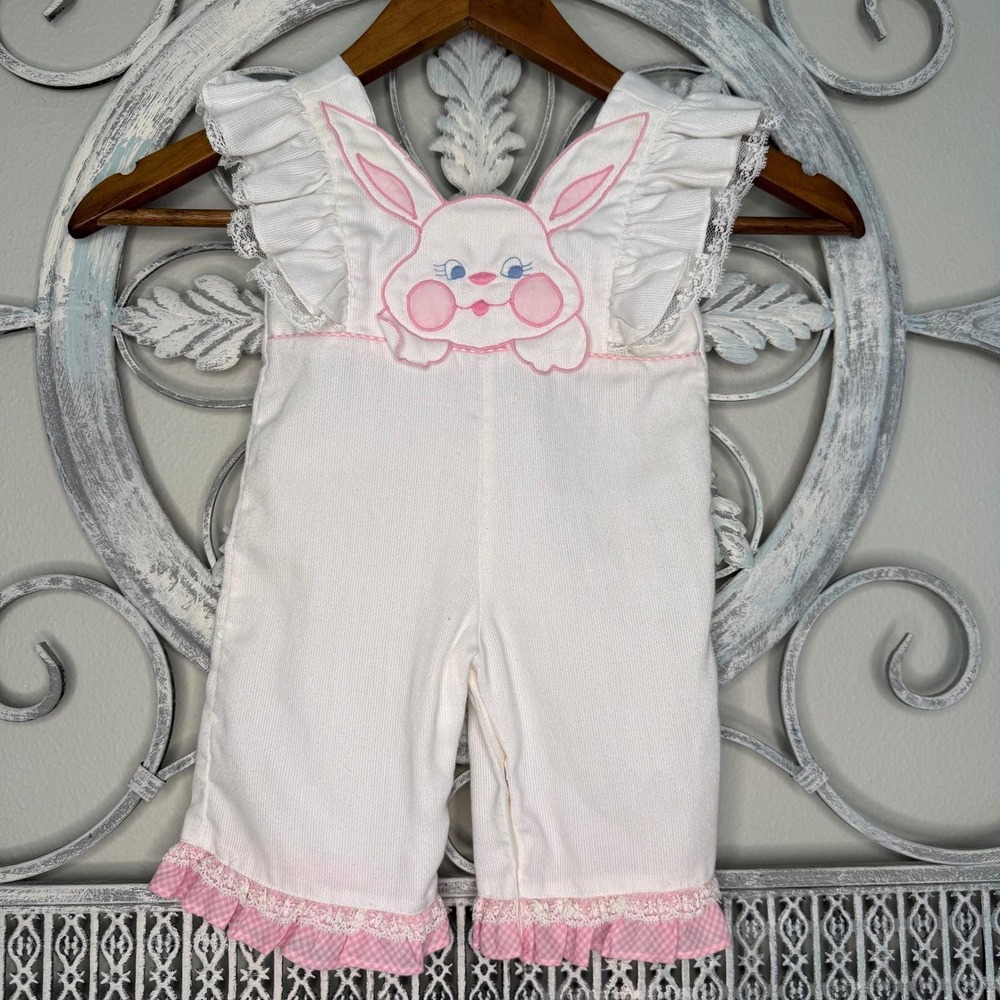 Vintage Baby Girl White Bunny Overalls Pink Gingham Ruffle 3-6 Months EUC